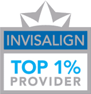 Text says, Invisalign Top 1% Provider. Blue and grey text with three white petals above "Invisalign"