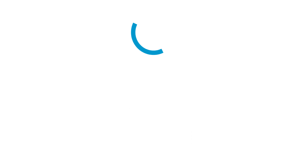 Carmen Orthodontics logo. White txt on grey background and a blue curved line within a white circle.