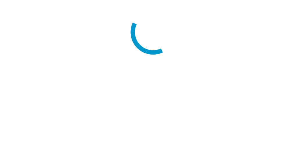 Carmen Orthodontics logo. White txt on grey background and a blue curved line within a white circle.