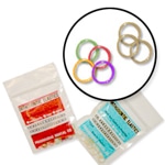 A package of colored rings and a plastic bag.